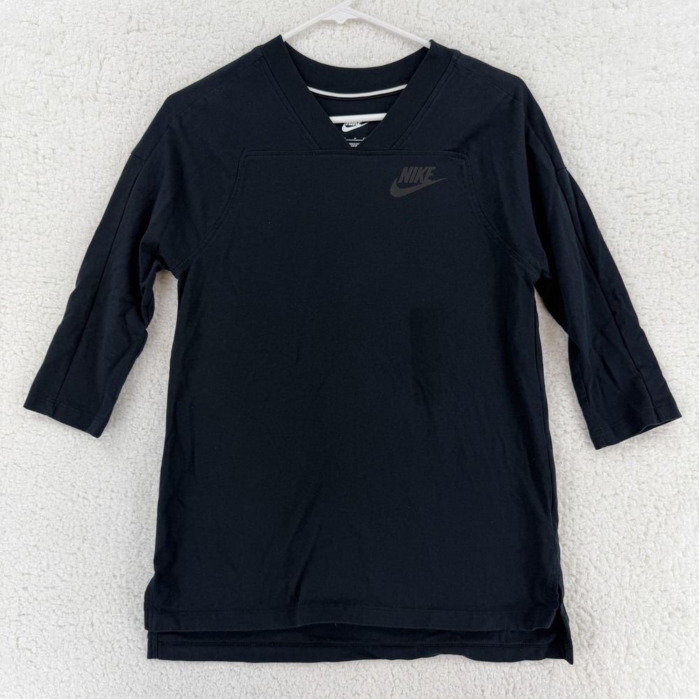 Nike Shirt Womens Small Black Just Do It V Neck 3/4 Sleeve Jersey Top Sports